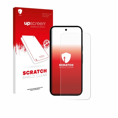 Vorderseite einer Produktverpackung mit dem Markenlogo upscreen. Daneben ist das Gerät Google Pixel 10a (case-friendly) mit de