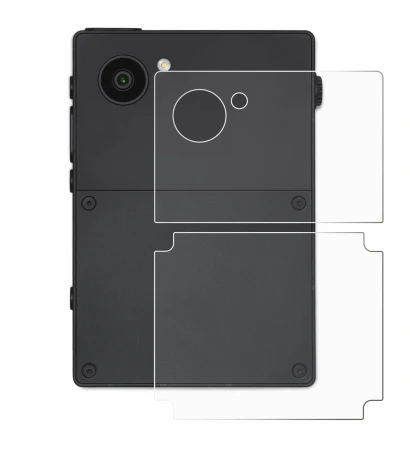 Abbildung des Geräts Light Phone 3 (Rückseite) mit einer Vielzahl des Displayschutzes.