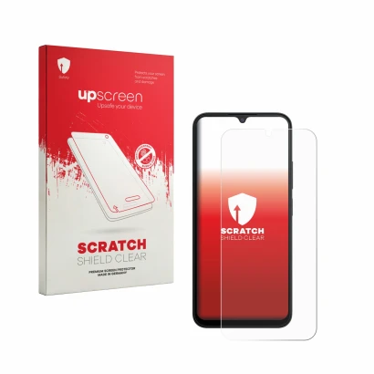 Vorderseite einer Produktverpackung mit dem Markenlogo upscreen. Daneben ist das Gerät Xiaomi Redmi A7 Pro mit dem zugehörigen
