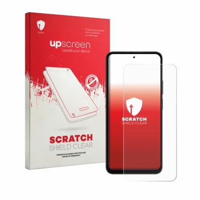 Vorderseite einer Produktverpackung mit dem Markenlogo upscreen. Daneben ist das Gerät Doogee B10 Pro mit dem zugehörigen Disp