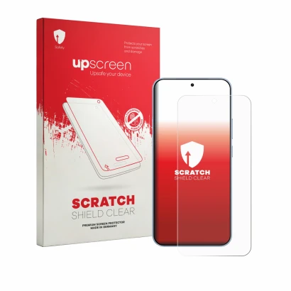Vorderseite einer Produktverpackung mit dem Markenlogo upscreen. Daneben ist das Gerät Vivo T5 Pro mit dem zugehörigen Display