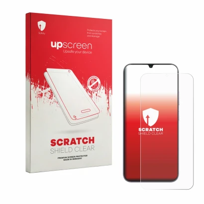 Vorderseite einer Produktverpackung mit dem Markenlogo upscreen. Daneben ist das Gerät realme C100i mit dem zugehörigen Displa