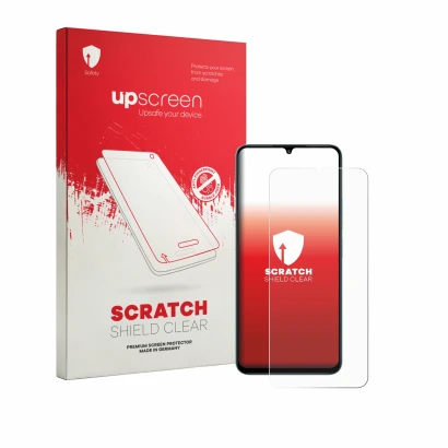 Vorderseite einer Produktverpackung mit dem Markenlogo upscreen. Daneben ist das Gerät Umidigi A75x mit dem zugehörigen Displa