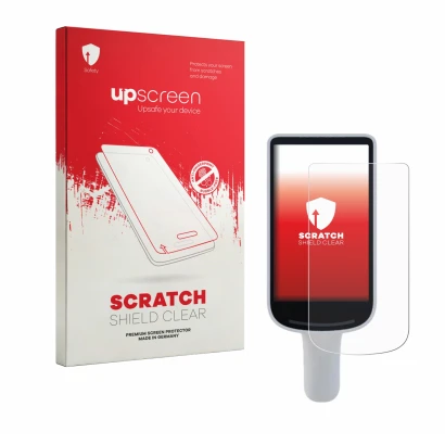 Vorderseite einer Produktverpackung mit dem Markenlogo upscreen. Daneben ist das Gerät Datalogic Joya Smart & Smart+ mit dem z