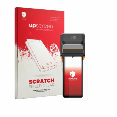 Vorderseite einer Produktverpackung mit dem Markenlogo upscreen. Daneben ist das Gerät Sunmi V3 Plus mit dem zugehörigen Displ