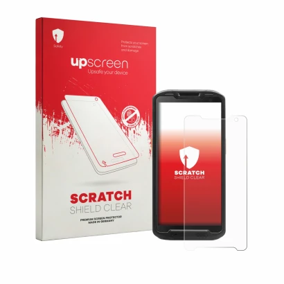 Vorderseite einer Produktverpackung mit dem Markenlogo upscreen. Daneben ist das Gerät Point Mobile PM84P mit dem zugehörigen