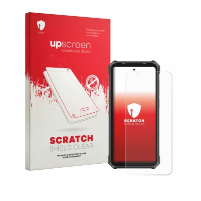 Vorderseite einer Produktverpackung mit dem Markenlogo upscreen. Daneben ist das Gerät Ulefone RugKing 5 Pro mit dem zugehörig