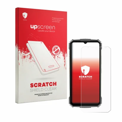 Vorderseite einer Produktverpackung mit dem Markenlogo upscreen. Daneben ist das Gerät Doogee Fire 7 Ultra mit dem zugehörigen