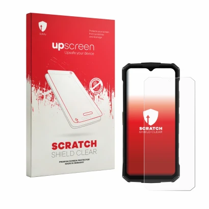 Vorderseite einer Produktverpackung mit dem Markenlogo upscreen. Daneben ist das Gerät Doogee Fire 5 Pro mit dem zugehörigen D
