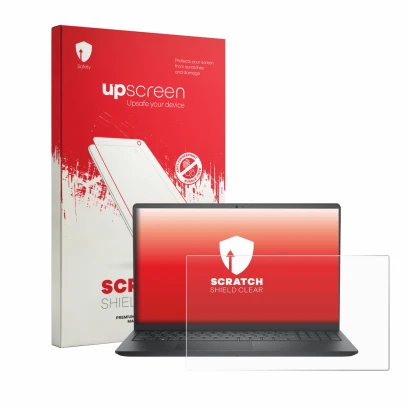 Vorderseite einer Produktverpackung mit dem Markenlogo upscreen. Daneben ist das Gerät Dell Pro 15 Essential PV15250 mit dem z
