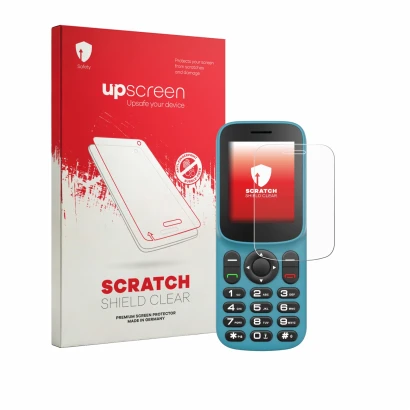 Vorderseite einer Produktverpackung mit dem Markenlogo upscreen. Daneben ist das Gerät Uleway T185 mit dem zugehörigen Display