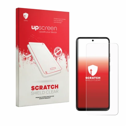 Vorderseite einer Produktverpackung mit dem Markenlogo upscreen. Daneben ist das Gerät Motorola Moto G37 mit dem zugehörigen D