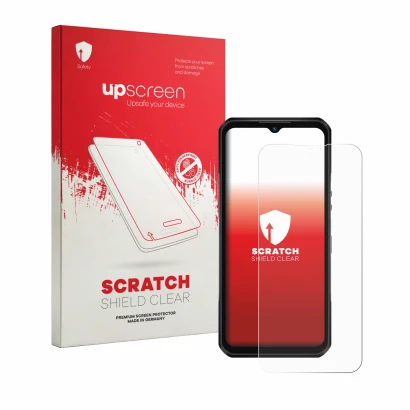 Vorderseite einer Produktverpackung mit dem Markenlogo upscreen. Daneben ist das Gerät Oukitel WP66 mit dem zugehörigen Displa