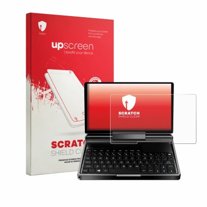 Vorderseite einer Produktverpackung mit dem Markenlogo upscreen. Daneben ist das Gerät GPD MicroPC 2 mit dem zugehörigen Displ
