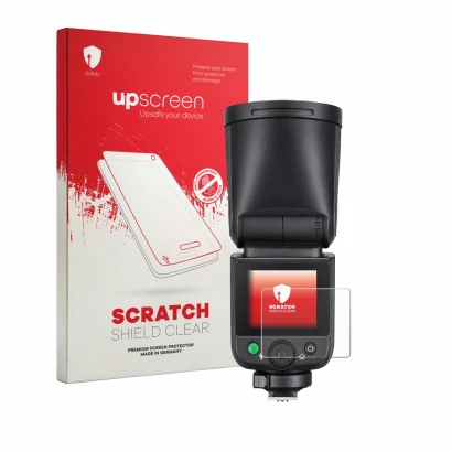 Vorderseite einer Produktverpackung mit dem Markenlogo upscreen. Daneben ist das Gerät Godox V1 mid mit dem zugehörigen Displa