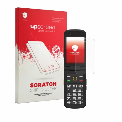 Vorderseite einer Produktverpackung mit dem Markenlogo upscreen. Daneben ist das Gerät AGM M8 FLIP mit dem zugehörigen Display
