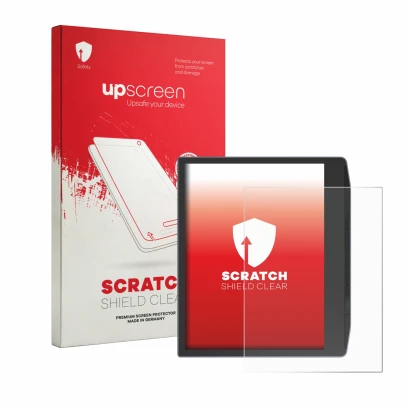 Vorderseite einer Produktverpackung mit dem Markenlogo upscreen. Daneben ist das Gerät PocketBook Era Lite mit dem zugehörigen