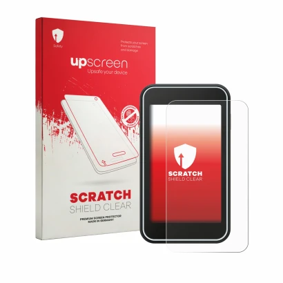 Vorderseite einer Produktverpackung mit dem Markenlogo upscreen. Daneben ist das Gerät Shot Scope H50 mit dem zugehörigen Disp