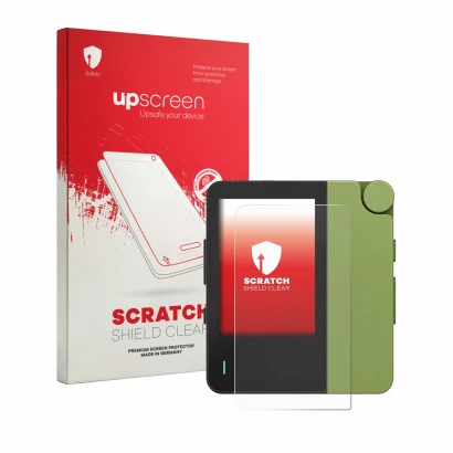 Vorderseite einer Produktverpackung mit dem Markenlogo upscreen. Daneben ist das Gerät Hiby W4 mit dem zugehörigen Displayschu
