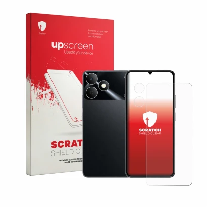 Vorderseite einer Produktverpackung mit dem Markenlogo upscreen. Daneben ist das Gerät realme Note 80 (Display+Kamera) mit dem