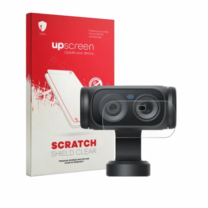 Vorderseite einer Produktverpackung mit dem Markenlogo upscreen. Daneben ist das Gerät Insta360 Luna Ultra (Linse) mit dem zug