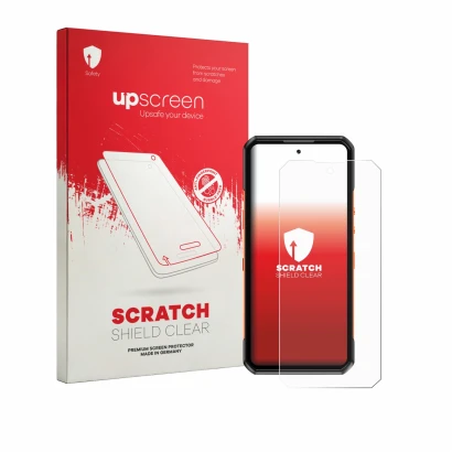 Vorderseite einer Produktverpackung mit dem Markenlogo upscreen. Daneben ist das Gerät Oukitel WP500 mit dem zugehörigen Displ