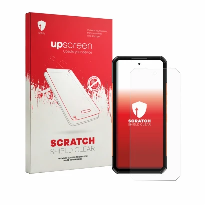 Vorderseite einer Produktverpackung mit dem Markenlogo upscreen. Daneben ist das Gerät Oukitel WP500 Ultra mit dem zugehörigen