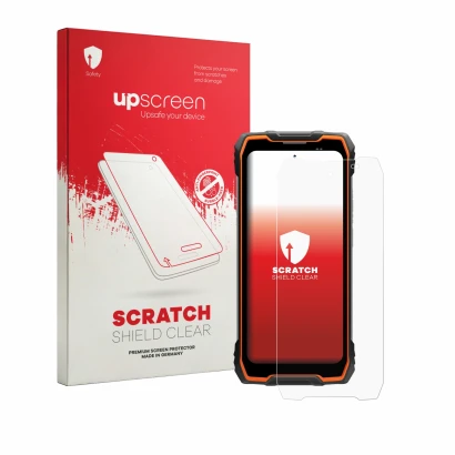 Vorderseite einer Produktverpackung mit dem Markenlogo upscreen. Daneben ist das Gerät Blackview Rock 2 mit dem zugehörigen Di