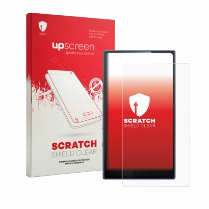 Vorderseite einer Produktverpackung mit dem Markenlogo upscreen. Daneben ist das Gerät FiiO M21 mit dem zugehörigen Displaysch