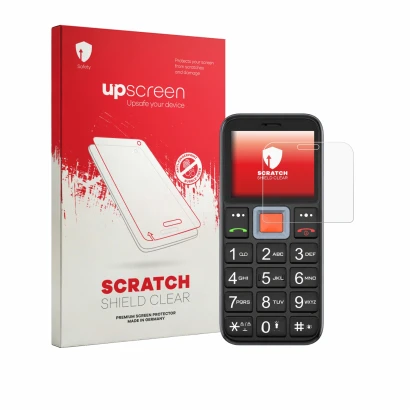 Vorderseite einer Produktverpackung mit dem Markenlogo upscreen. Daneben ist das Gerät Easyfone Prime A5 mit dem zugehörigen D