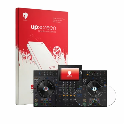 Vorderseite einer Produktverpackung mit dem Markenlogo upscreen. Daneben ist das Gerät AlphaTheta XDJ-AZ (Jog) mit dem zugehör