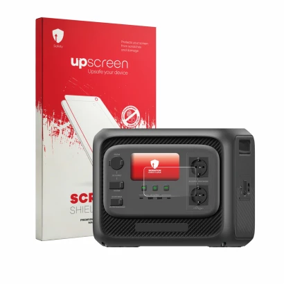 Vorderseite einer Produktverpackung mit dem Markenlogo upscreen. Daneben ist das Gerät Bluetti Elite 300 mit dem zugehörigen D