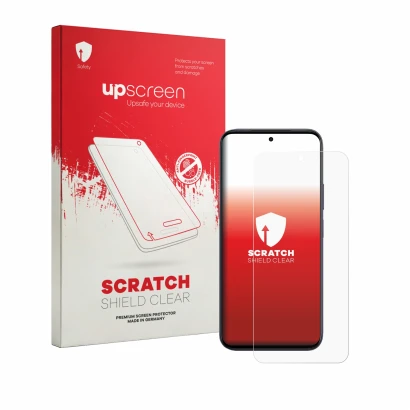 Vorderseite einer Produktverpackung mit dem Markenlogo upscreen. Daneben ist das Gerät Vivo Y6a mit dem zugehörigen Displaysch
