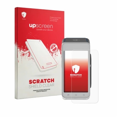 Vorderseite einer Produktverpackung mit dem Markenlogo upscreen. Daneben ist das Gerät Pax A910S mit dem zugehörigen Displaysc