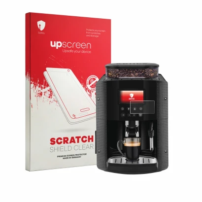 Vorderseite einer Produktverpackung mit dem Markenlogo upscreen. Daneben ist das Gerät Krups Essential YY8135FD mit dem zugehö