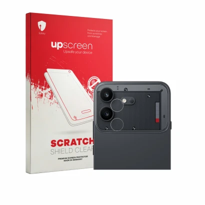 Vorderseite einer Produktverpackung mit dem Markenlogo upscreen. Daneben ist das Gerät Nothing Phone (4b) (NUR Kameraschutz) m