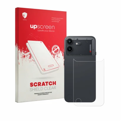 Vorderseite einer Produktverpackung mit dem Markenlogo upscreen. Daneben ist das Gerät Nothing Phone (4b) (Rückseite) mit dem