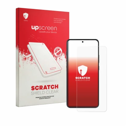 Vorderseite einer Produktverpackung mit dem Markenlogo upscreen. Daneben ist das Gerät Motorola Edge 70 Max mit dem zugehörige