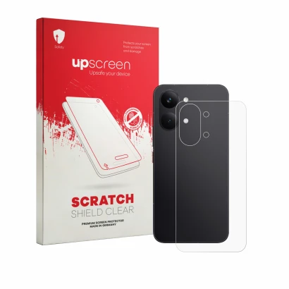 Vorderseite einer Produktverpackung mit dem Markenlogo upscreen. Daneben ist das Gerät Xiaomi Poco X8 Pro Max (Rückseite) mit