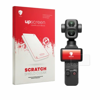 Vorderseite einer Produktverpackung mit dem Markenlogo upscreen. Daneben ist das Gerät DJI Osmo Pocket 4P mit dem zugehörigen