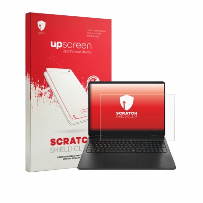 Vorderseite einer Produktverpackung mit dem Markenlogo upscreen. Daneben ist das Gerät HP HyperX Omen 16 mit dem zugehörigen D