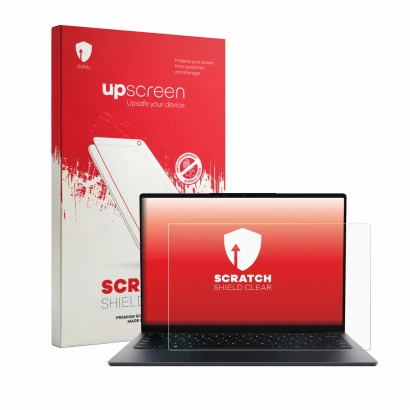 Vorderseite einer Produktverpackung mit dem Markenlogo upscreen. Daneben ist das Gerät Chuwi UniBook mit dem zugehörigen Displ