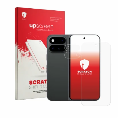 Vorderseite einer Produktverpackung mit dem Markenlogo upscreen. Daneben ist das Gerät Google Pixel 11 Pro Fold (Display+Kamer