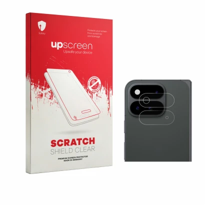 Vorderseite einer Produktverpackung mit dem Markenlogo upscreen. Daneben ist das Gerät Google Pixel 11 Pro Fold (NUR Kamerasch