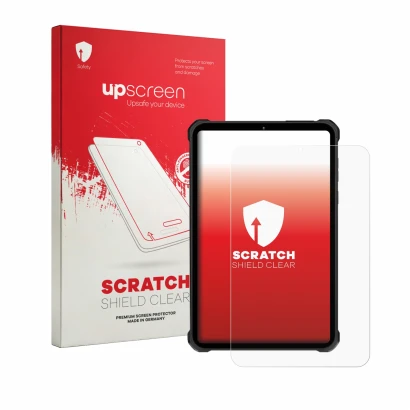 Vorderseite einer Produktverpackung mit dem Markenlogo upscreen. Daneben ist das Gerät Oukitel RT11 mit dem zugehörigen Displa