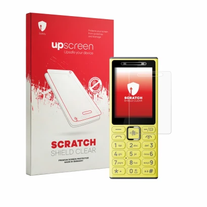 Vorderseite einer Produktverpackung mit dem Markenlogo upscreen. Daneben ist das Gerät Nokia 200 4G mit dem zugehörigen Displa