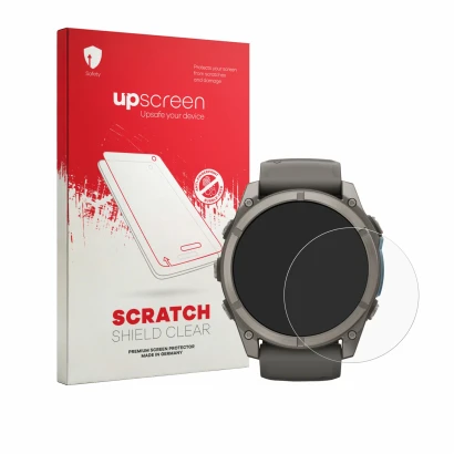 Vorderseite einer Produktverpackung mit dem Markenlogo upscreen. Daneben ist das Gerät Garmin Fenix 9 (51 mm) mit dem zugehöri