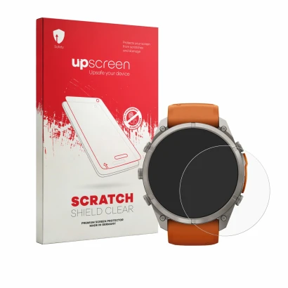 Vorderseite einer Produktverpackung mit dem Markenlogo upscreen. Daneben ist das Gerät Garmin Fenix 9 Pro (51 mm) mit dem zuge