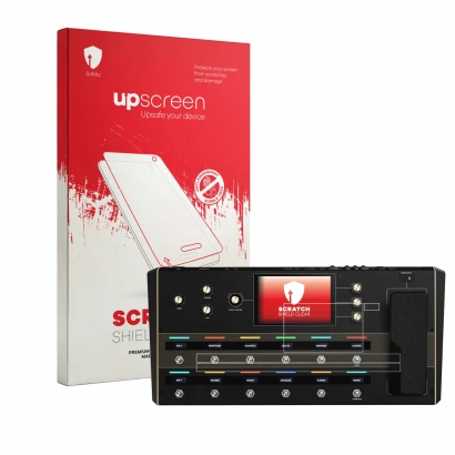 Vorderseite einer Produktverpackung mit dem Markenlogo upscreen. Daneben ist das Gerät Headrush Prime (Display + Bedienfeld) m