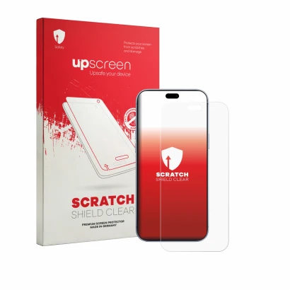 Vorderseite einer Produktverpackung mit dem Markenlogo upscreen. Daneben ist das Gerät Apple iPhone 18 Pro Max mit dem zugehör